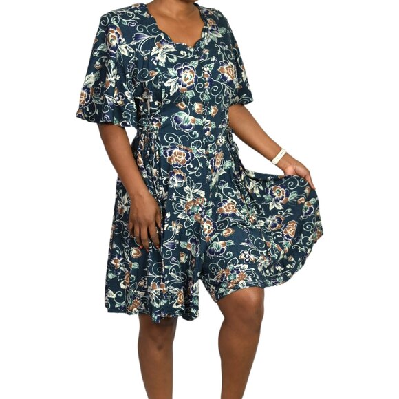 Vintage Pants - Vintage Floral Romper Green Rayon Playsuit Adjustable Corset Waist Plus Size 14